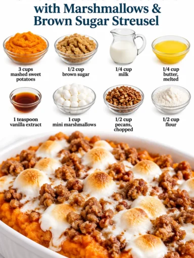 Delicious sweet potato casserole with marshmallows and brown sugar streusel topping
