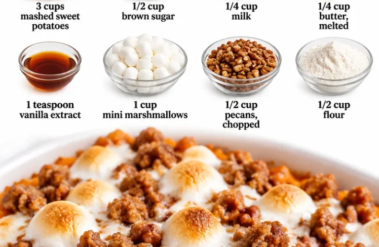 Delicious sweet potato casserole with marshmallows and brown sugar streusel topping