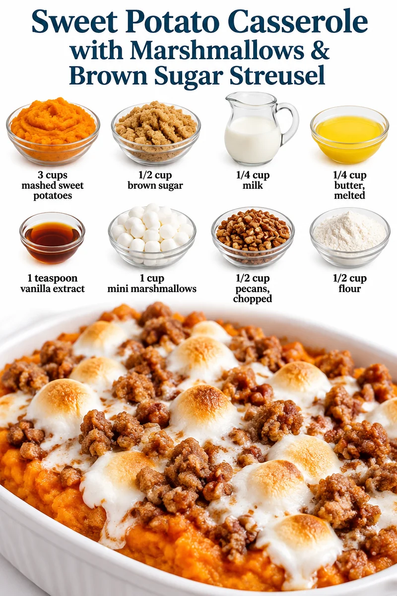 Delicious sweet potato casserole with marshmallows and brown sugar streusel topping