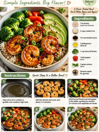 Delicious teriyaki shrimp rice bowl garnished with vegetables