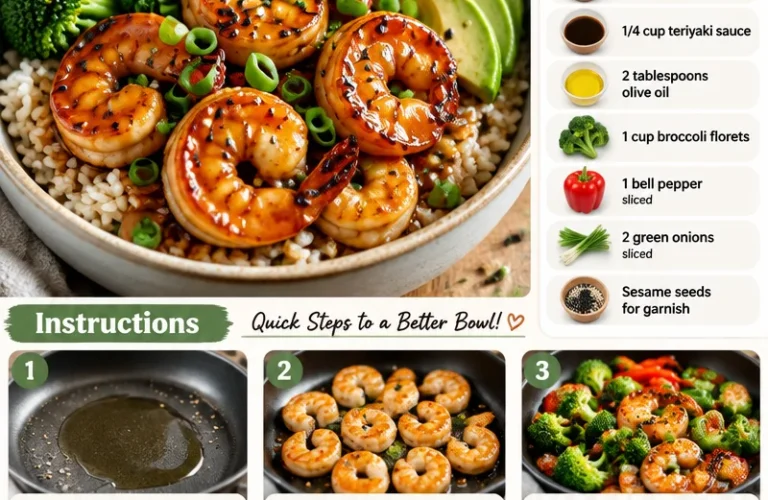 Delicious teriyaki shrimp rice bowl garnished with vegetables