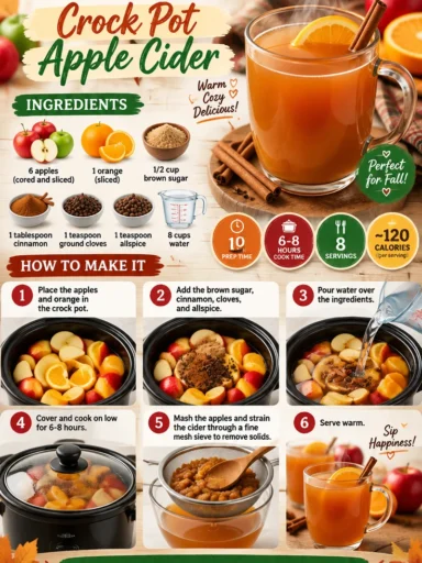 Homemade crockpot apple cider with spices and apple slices in a slow cooker.