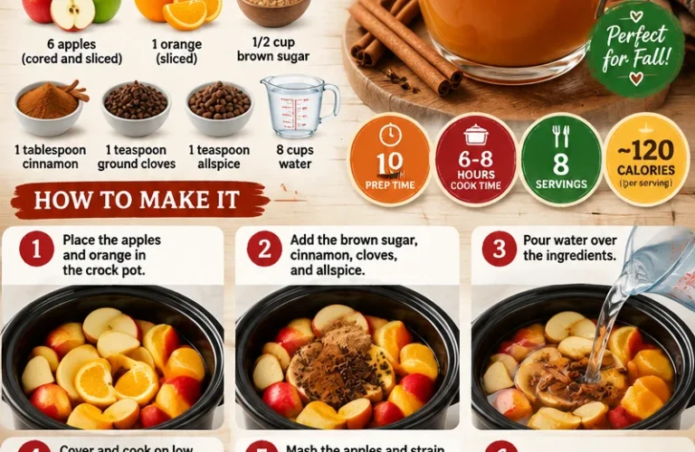 Homemade crockpot apple cider with spices and apple slices in a slow cooker.