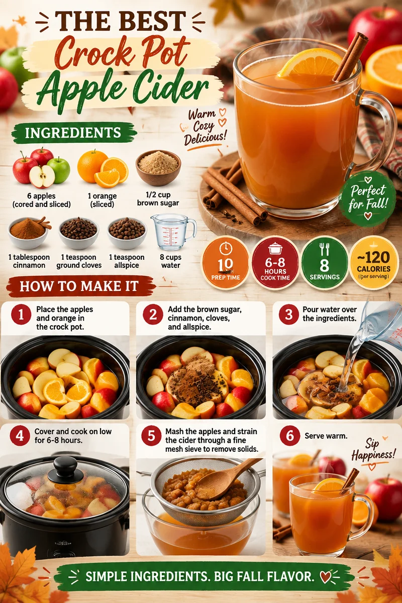 Homemade crockpot apple cider with spices and apple slices in a slow cooker.