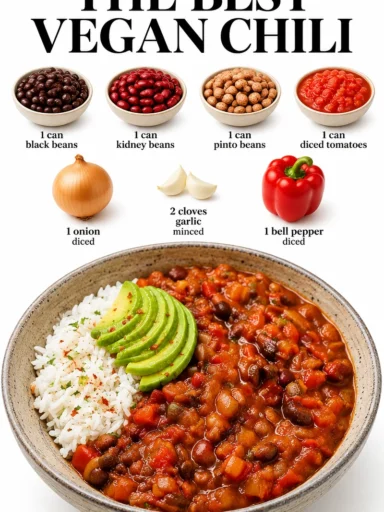 Delicious bowl of the best vegan chili topped with fresh herbs and avocados.