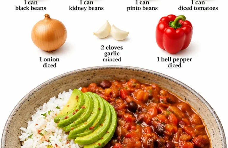Delicious bowl of the best vegan chili topped with fresh herbs and avocados.