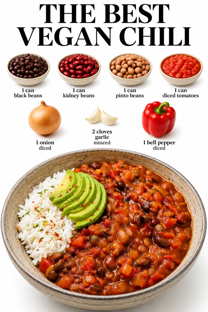 Delicious bowl of the best vegan chili topped with fresh herbs and avocados.