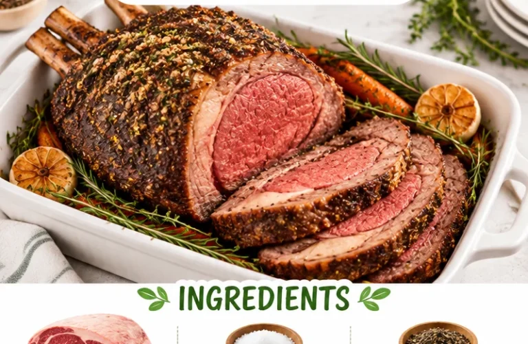 Deliciously cooked prime rib served with herbs and spices