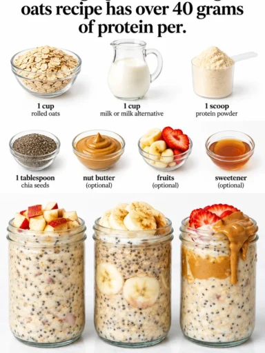 High-protein overnight oats topped with fresh fruit and nuts