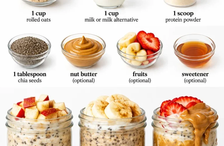 High-protein overnight oats topped with fresh fruit and nuts