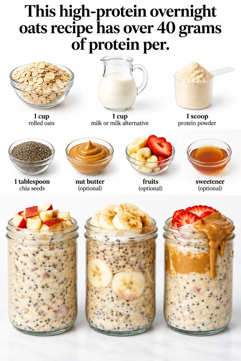 High-protein overnight oats topped with fresh fruit and nuts