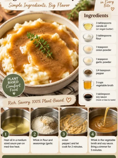 A bowl of rich and savory Vegan Brown Gravy served over mashed potatoes.