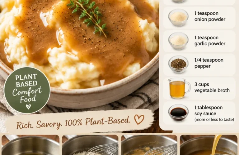 A bowl of rich and savory Vegan Brown Gravy served over mashed potatoes.