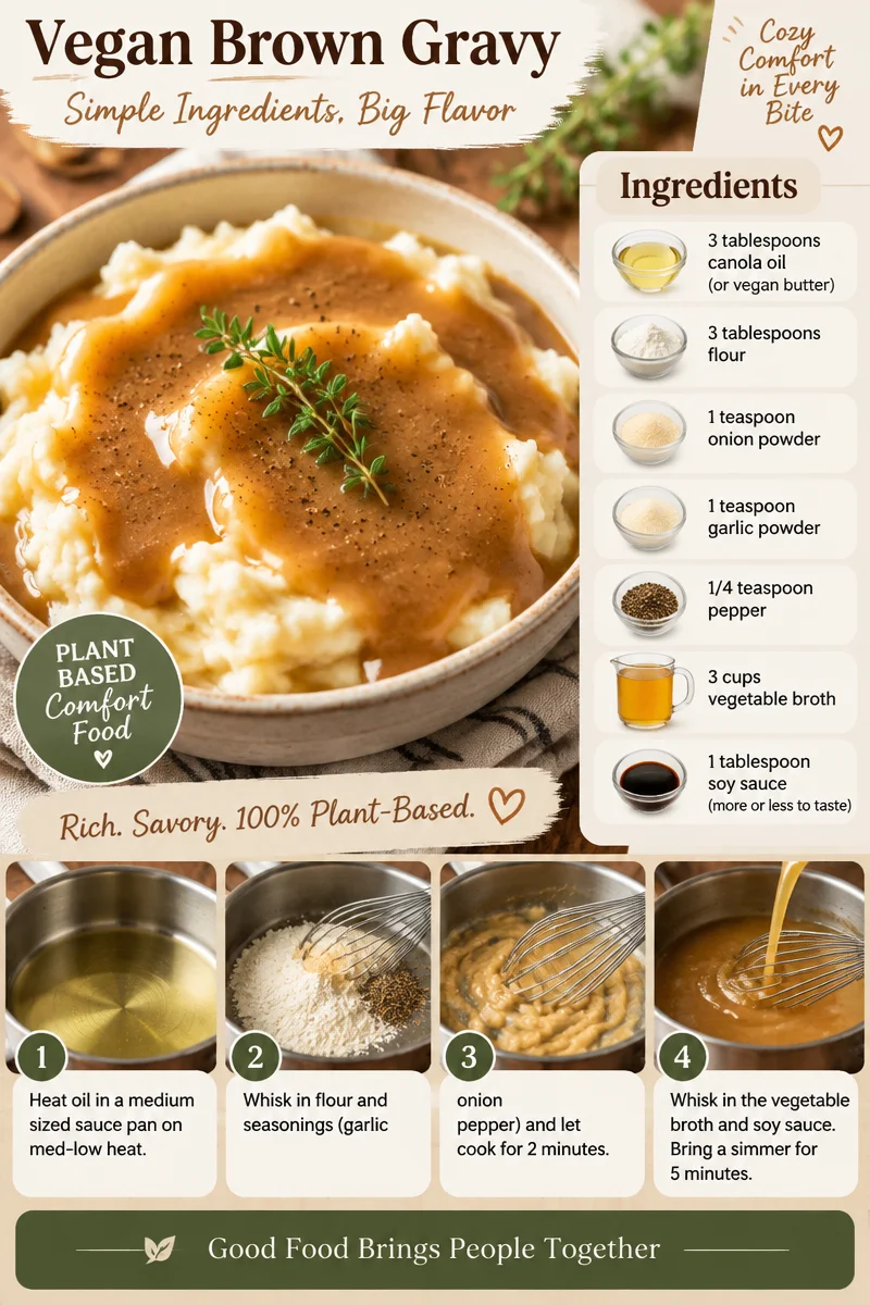 A bowl of rich and savory Vegan Brown Gravy served over mashed potatoes.
