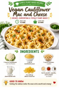 Vegan cauliflower mac and cheese served in a bowl topped with herbs.