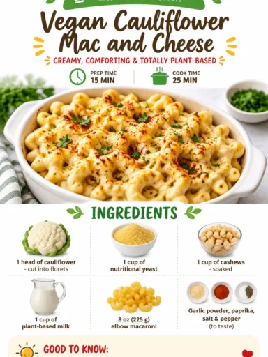 Vegan cauliflower mac and cheese served in a bowl topped with herbs.