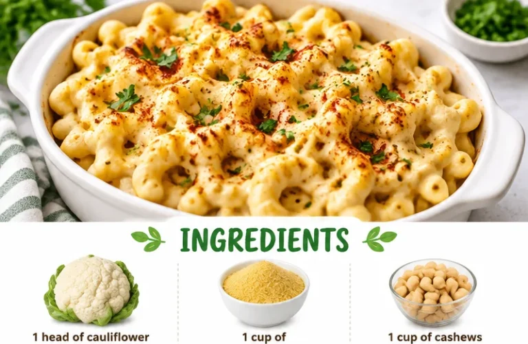 Vegan cauliflower mac and cheese served in a bowl topped with herbs.