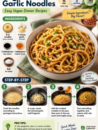 Plate of tasty vegan garlic noodles served with fresh herbs.