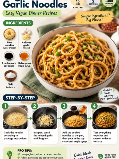 Plate of tasty vegan garlic noodles served with fresh herbs.
