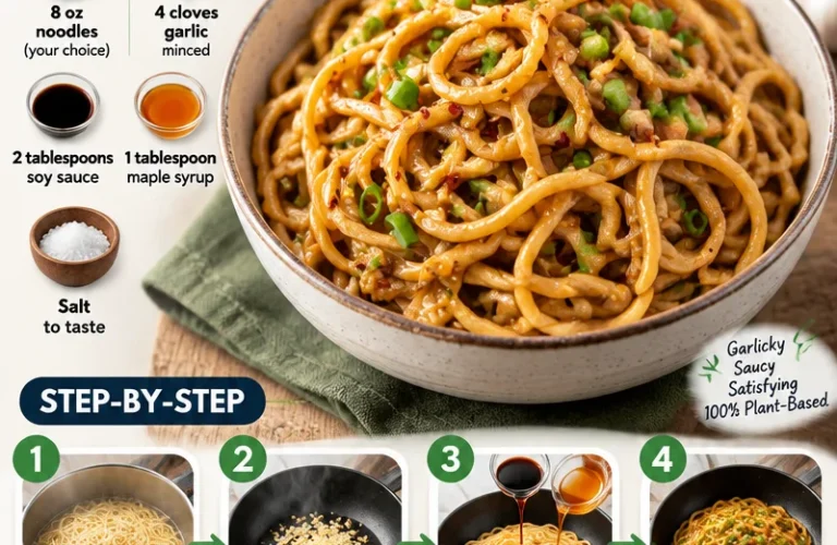 Plate of tasty vegan garlic noodles served with fresh herbs.