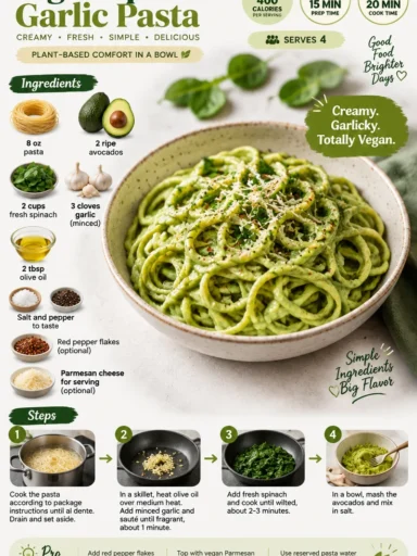 A bowl of vegan spinach garlic pasta garnished with fresh herbs and garlic.