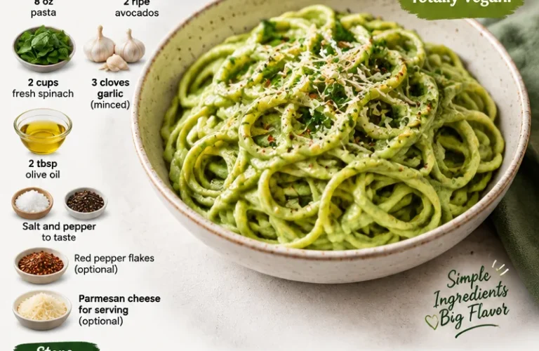 A bowl of vegan spinach garlic pasta garnished with fresh herbs and garlic.