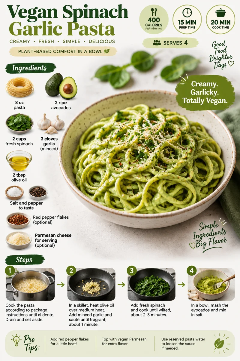 A bowl of vegan spinach garlic pasta garnished with fresh herbs and garlic.