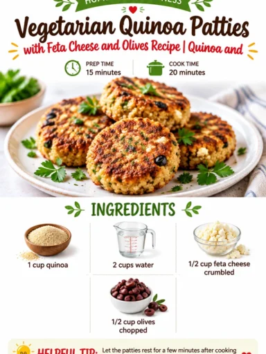 Delicious vegetarian quinoa patties with feta cheese and olives on a plate