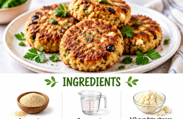 Delicious vegetarian quinoa patties with feta cheese and olives on a plate