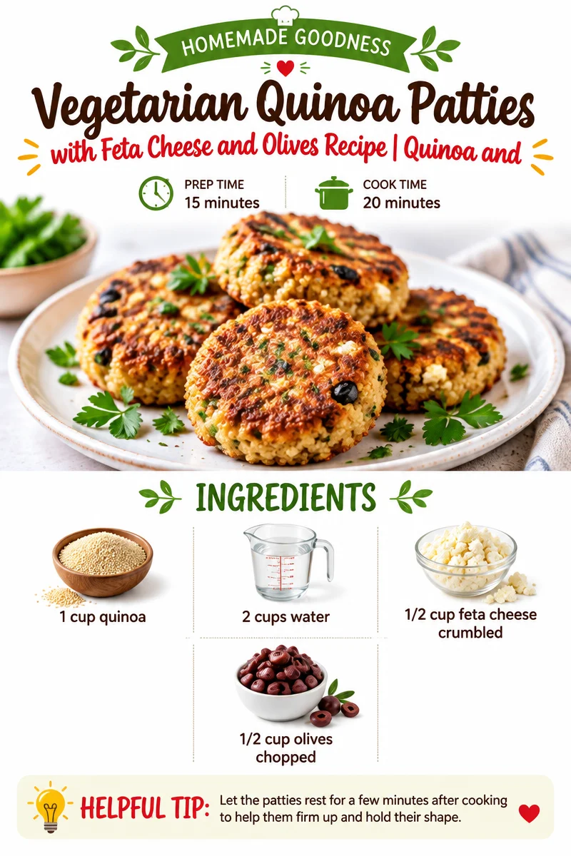 Delicious vegetarian quinoa patties with feta cheese and olives on a plate