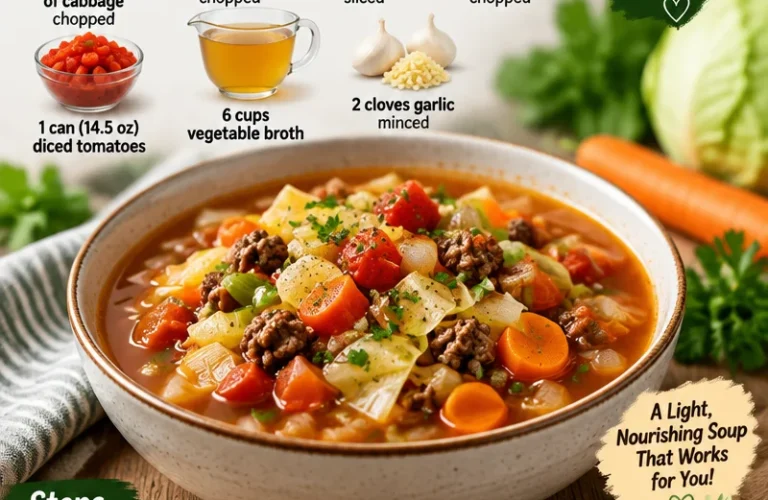 Bowl of healthy Weight Watchers cabbage soup with vegetables for weight loss