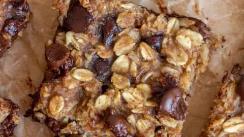 Healthy homemade banana oatmeal bars with oats and ripe bananas.