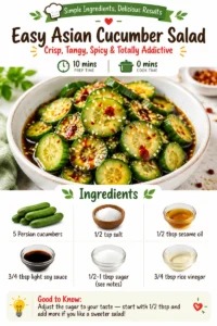 Bowl of easy Asian cucumber salad garnished with sesame seeds and herbs