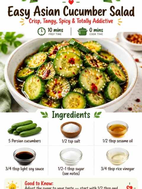 Bowl of easy Asian cucumber salad garnished with sesame seeds and herbs