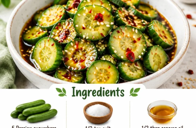 Bowl of easy Asian cucumber salad garnished with sesame seeds and herbs